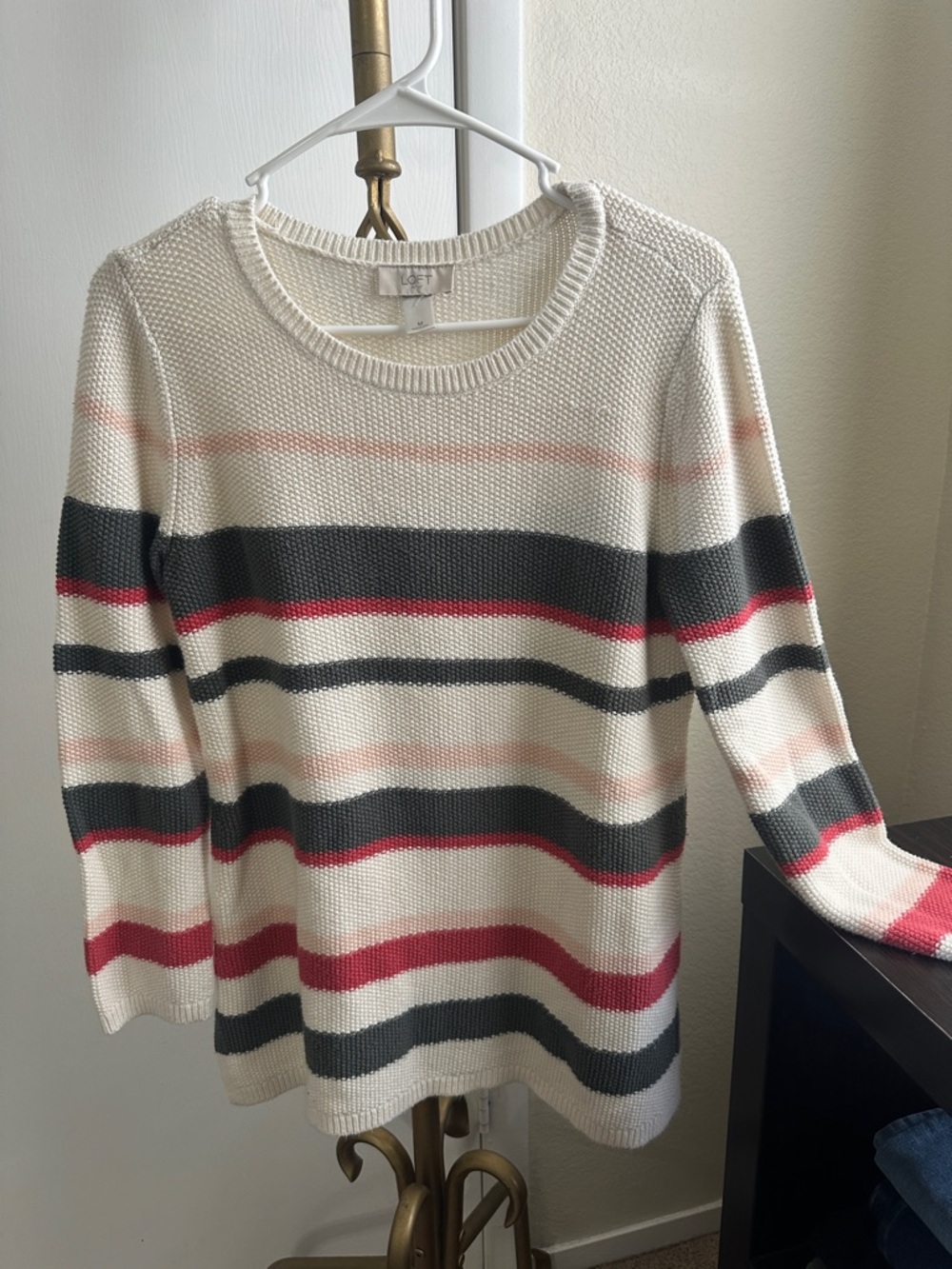 LOFT Cream Crewneck Sweater with Gray and Red Stripes